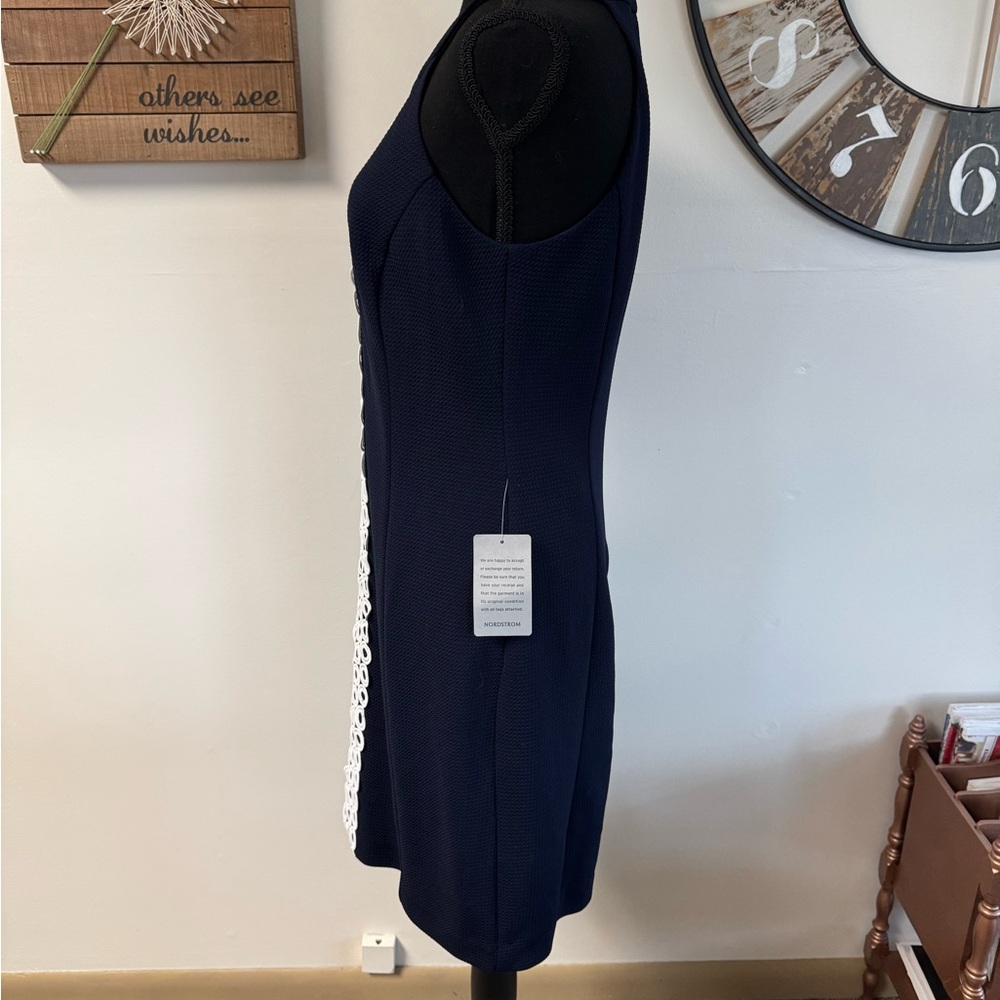Sz6 Eliza J navy blue sleeveless halter dress. White nautical appliqué. NWT! - Picture 5 of 10
